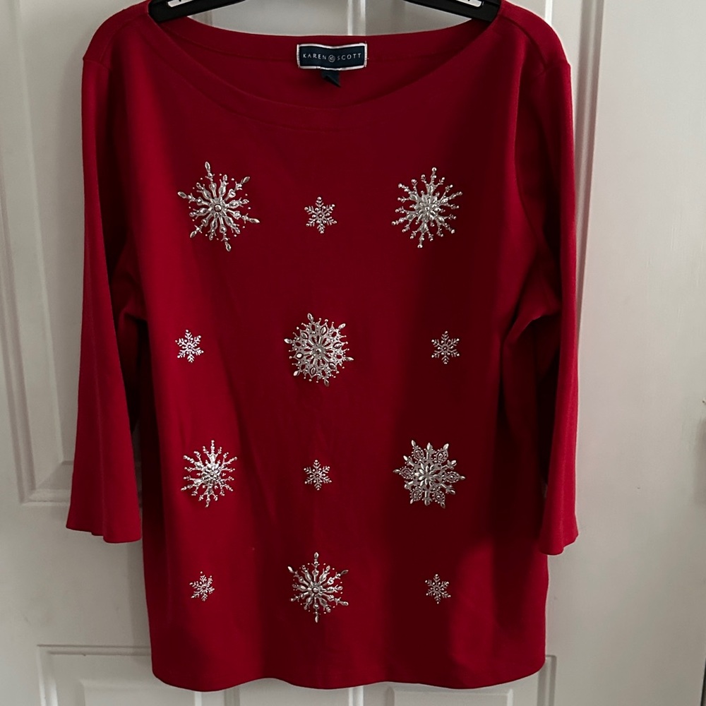 Karen Scott Red Holiday Top with Snowflake Embellishments